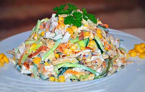 Салат разбойничий с блинами и курицей. Секреты готовки салата из блинчиков и куриного копченого мяса 10 Салат разбойничий с блинами и курицей. Секреты готовки салата из блинчиков и куриного копченого мяса 10